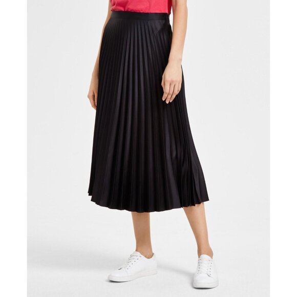 HUGO BOSS Skirt Womens Size XL Black Pleated Midi Satin High Waist $168